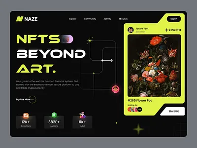 Naze - NFT Landing page art branding collections dark dark theme design figma home page illustration image logo nft nfts ui ux vector web web page website