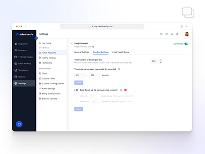 Time interval between two emails b2b cold email email sending settings email tracking saas settings ui ui ux design ux web app