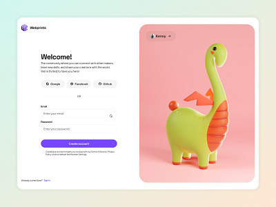 Welcome to Webprints community 3d 3d printing account community create account design flow interface minimal sign up sing up flow ui ux web welcome