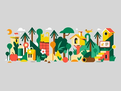 Yellow Jungle banner birds colorful design fir tree flat forest geometric header horizontal illustration jungle landscape leo alexandre nature pine tree plants trees vector yellow