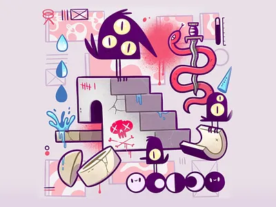 ??? ... A Thing? bird blake stevenson brutalist cartoon character design cute design eyes illustration jetpacks and rollerskates logo psychedelic retro shapes snake surreal ui