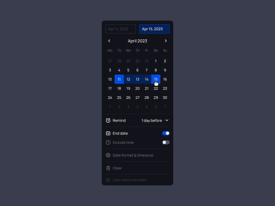 Date Picker (Dark Theme) 123done calendar clean dark dark theme date date picker design design kit design system figma icon set icons input minimalism notion text input toggle ui universal design system