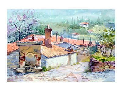 Watercolor Mediterranean hand-painted landscape. art drawing illustration landscape painting postcard poster watercolor