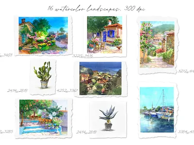 Watercolor Mediterranean landscapes clipart design drawing illustration painting postcard poster set wall art watercolor