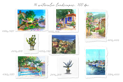 Watercolor Mediterranean landscapes clipart design drawing illustration painting postcard poster set wall art watercolor