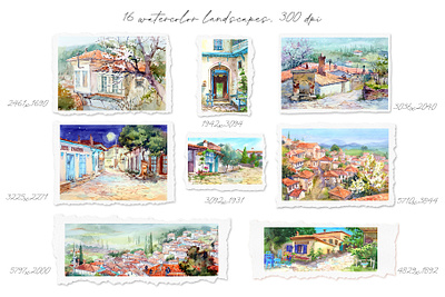 Watercolor Mediterranean hand-painted landscapes set art design drawing illustration landscape painting postcards poster set wall art watercolor