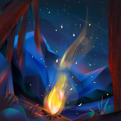 Campire. background design campfire camping embers fire illustration landscape landscape illustration mountains night sky star
