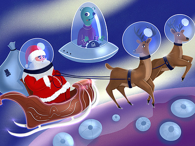 Surprise visit 2d art alien character character concept character design childrens art childrens illustrationn christmas deer digital 2d digital art illustration light new year planet santa santa claus space spaceship stars