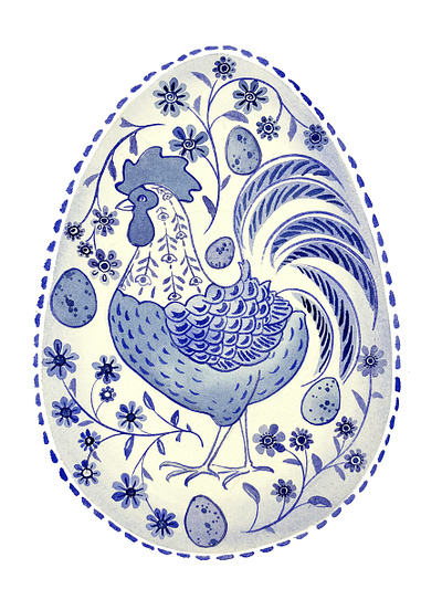 Chicken and Egg Folk Art blue and white branding chicken design easter egg folk art illustration logo watercolor watercolour