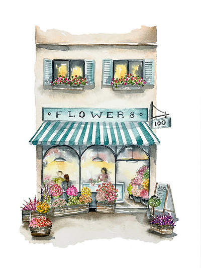 Watercolour Flower Shop Front botanical branding design flower shop illustration shop front watercolor watercolour watercolour flowers