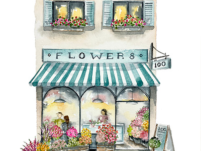 Watercolour Flower Shop Front botanical branding design flower shop illustration shop front watercolor watercolour watercolour flowers