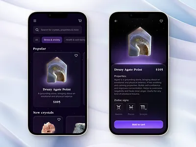 E-commerce app for crystals app design ui ux