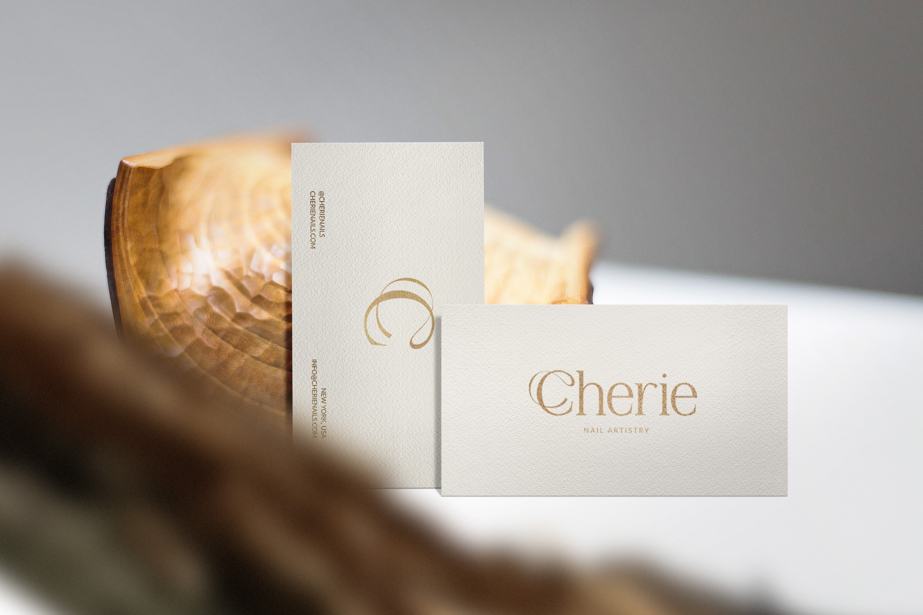 Cherie Nail Salon Branding beauty beauty logo branding business card cherie design feminine feminine design gold graphic design logo logodesign luxurybranding manicure minimal minimal design mockup nail salon visual identity white