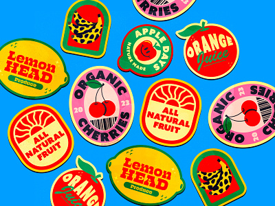 Fruit stickers all natural banana cherries fruit illustration illustrator juice lemon orange organic stickers the creative pain vector