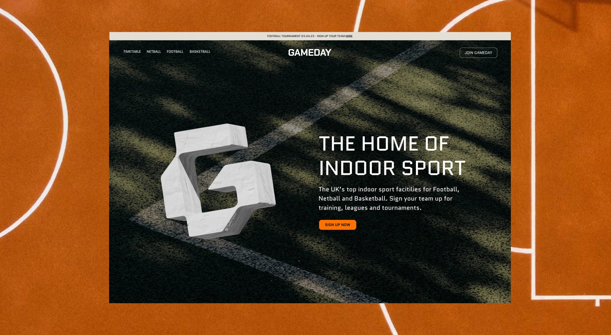 Gameday Website Design - Sport Branding 3d logo basketball brand brand design branding consumer branding design graphic design logo logo design orange sports brand sports branding ui web design website website design