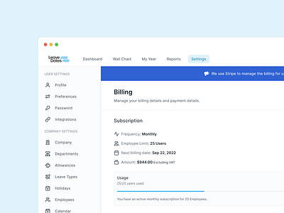 Fluent subscription management with Stripe. billing design system figma hr leave managment product design saas tetrisly ui ui design uidesign webapplication website