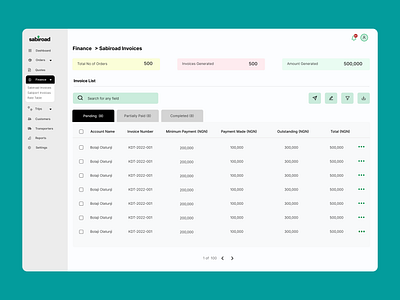 Transporter Dashboard - Invoices ui ux web