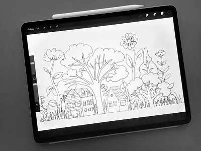 North California still life. Sketch. california digital drawing flowers home house north california pacific coast rural place sketch still life trees