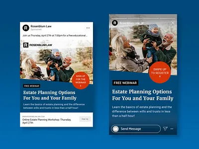Rosenblum Law Facebook Ads advertising campaign design digital design estate planning ads facebook ads facebook feed facebook story instagram ads law firm lawyer lawyer facebook ads meta ads ppc marketing social ad social strategy ui ux