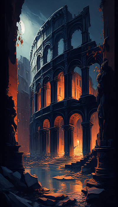 Burning Legacy: The Ancient Colosseum's Demise artwork design digitalart illustration nature posteridea
