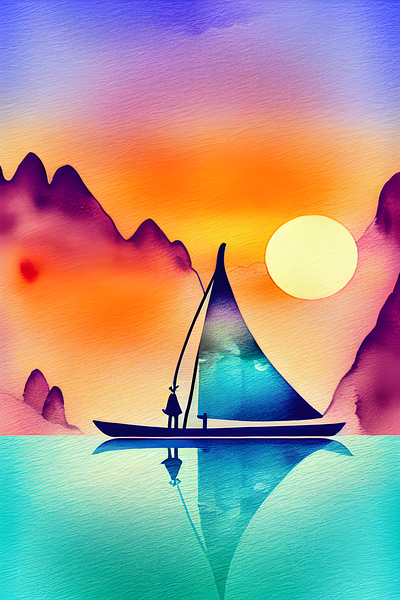 Ai watercolor art - Sailing boat sunset graphic design