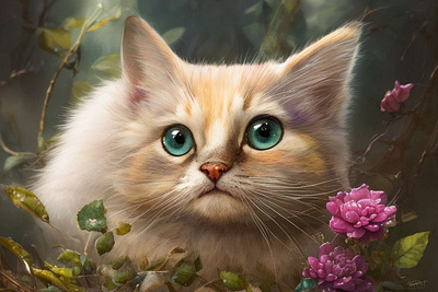 Ai painting - kitten in the fairy forest graphic design