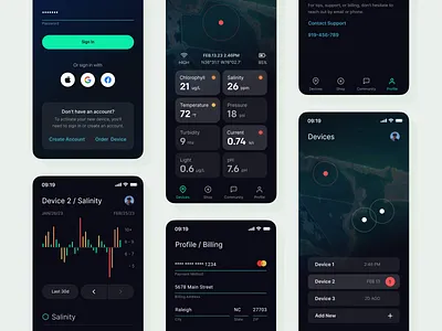 Agro Tech Mobile App UI Design ag agriculture agro app app design chart dark dark mode design farming fishing interface map mobile mobile app ocean sensor tech ui water