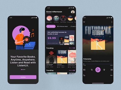 ListenLit - Online book reading and listening mobile application androidapp audiobook graphic design mobile musicapp newdesign podcast ui uiux