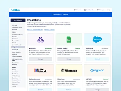Nonprofit Integrations Hub design integrations interface nonprofit product design ui web app