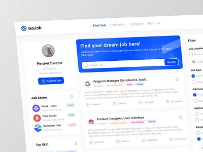 GoJob - Job Finder Dashboard admin color scheme dashboard freelance fulltime job job app job categories job finder job market job search oppurtunity parttime product design saas trend ui ui design uiux visualization