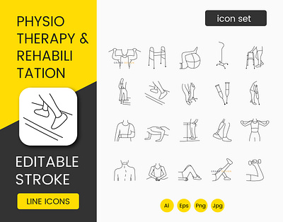 Physiotherapy and rehabilitation icons set adults black