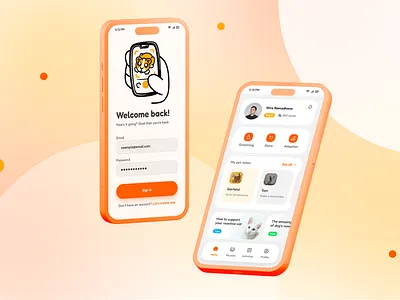 Pet Care App Design adopt app cat dashboard dog groom home screen login mobile pet pet shop profile store ui