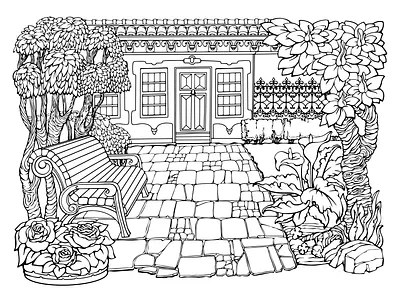 Little Cozy Town. Printable coloring page for adults. Vector. little cozy town