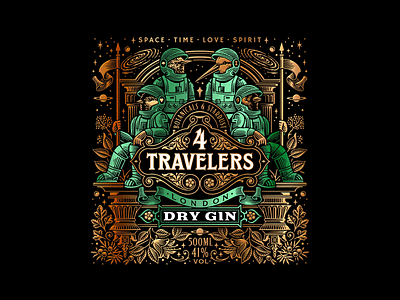 4 Travelers - Gin birds branding decorative design drawing galaxy gin illustration label lettering logo packaging space strange stronaut vintage