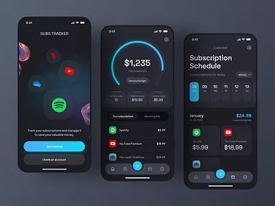 Subscription Tracker App app app ui dark ui dashboard fintech icons minimal mobile app money netflix payment plans premium spotify subscription subscription app subscription management tracking tracking app user interface