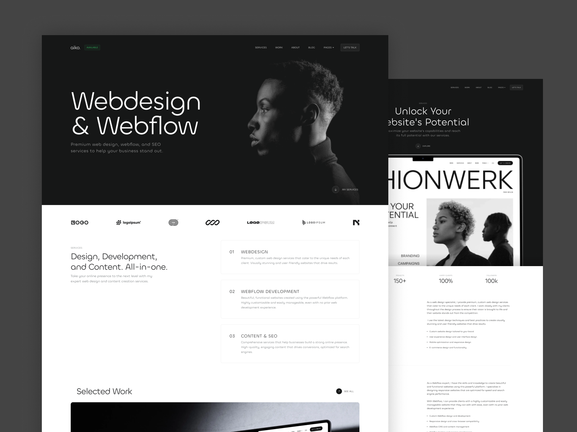 Aiko - Portfolio Webflow Template agency blog branding ecommerce freelance landing page portolio template ui webdesign webflow website