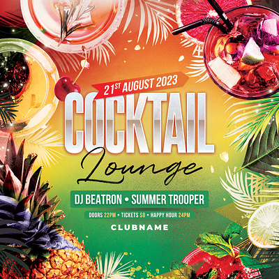 Cocktail Lounge Flyer beach cocktails download drinks flyer graphic design graphicriver poster psd rastafarian reggae summer template tropic tropical