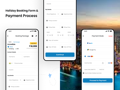 Book Holiday Plan & Proceed with the Payment Process creativity design holidaybooking inspiratiindesign mobile app payment mode uiux usercentereddesign userexperience userinterface userspainpoints visual designs