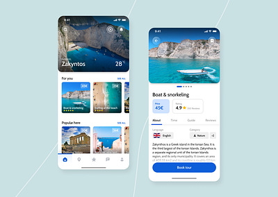 Touristy - Book or create tours and select a guide app app design boatapp booking app figma greece socialmedia toursim ui ux vacation app zakyntos
