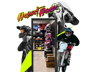 Helmet House Vinyl Wall Graphic bike collage decal design dirtbike display freelance graphic helmet house layout mikemerrilldesign mockup moto motorcross print retro sporty vinyl wrap