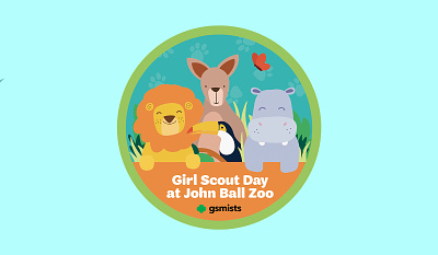 John Ball Zoo Girl Scout Patch animal badge butterfly design flat girl scout hippo illustration lion patch toucan wallaby zoo