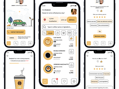 Coffee shop mobile app app coffee delivery deliveryapp design feedback fun graphic graphicdesign minimal order orderapp ordering rating restaurant ui uidesign uiux