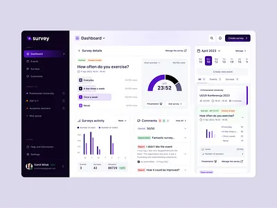 Survey ✦ Dashboard activity answer calendar chart component dark dashboard event feedback group mode presentation purple question schedule start survey timer ui