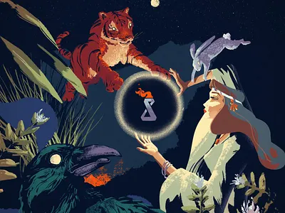 Digital Brew Sorcery animation crow fire forest illustration jungle tiger witch