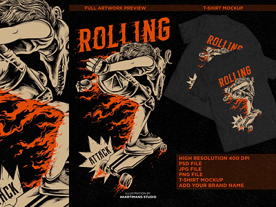 Rolling Attack design digitalillustration disegnforsale handdrawn illustration skate skateboarddesign skateordie tshirt design vintage vintage design