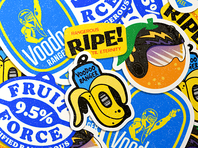 Voodoo Ranger Fruit Force Stickers badge banana branding can chiquita design fruit sticker illustration logo orange sticker vector
