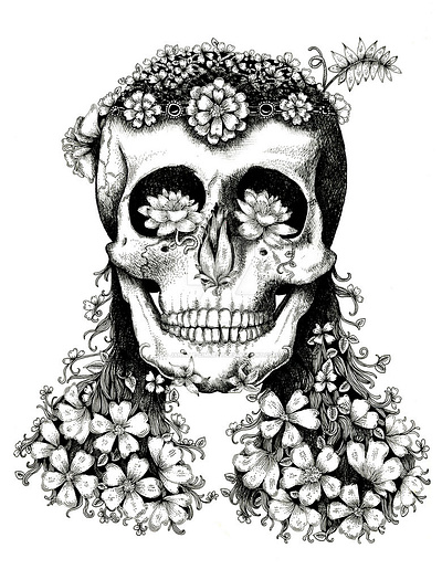 Floral Skull artwork black and white bones botanical design drawing floral flowers human illustration illustrator line art line drawing missouri pen and ink saint louis skull stl