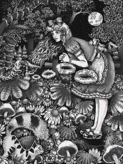 Alice with Friends alice in wonderland black and white catepillar cheshire cat childrens art digital drawing fantasy art forest greyscale illustration lewis carrol line art line drawing missouri mixed media pen and ink procreate saint louis