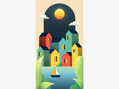 Seaside Village 2d abstract animation art calming design dribbble flat illustration graphic design houses illustration minimal motion graphics nature noise sea sun vector village wallpaper