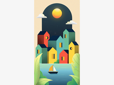 Seaside Village 2d abstract animation art calming design dribbble flat illustration graphic design houses illustration minimal motion graphics nature noise sea sun vector village wallpaper